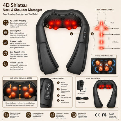 Shiatsu Neck Shoulder Massager with Heat - 4D Kneading Deep Tissue Electric Massage Pillow Back Waist Leg Pain Relief