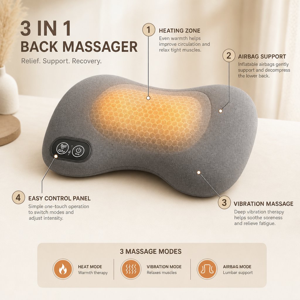 Back Massager with Heat Lumbar Support - Electric Vibration Traction Lumbar Pillow Deep Tissue Relaxation Spine Decompression