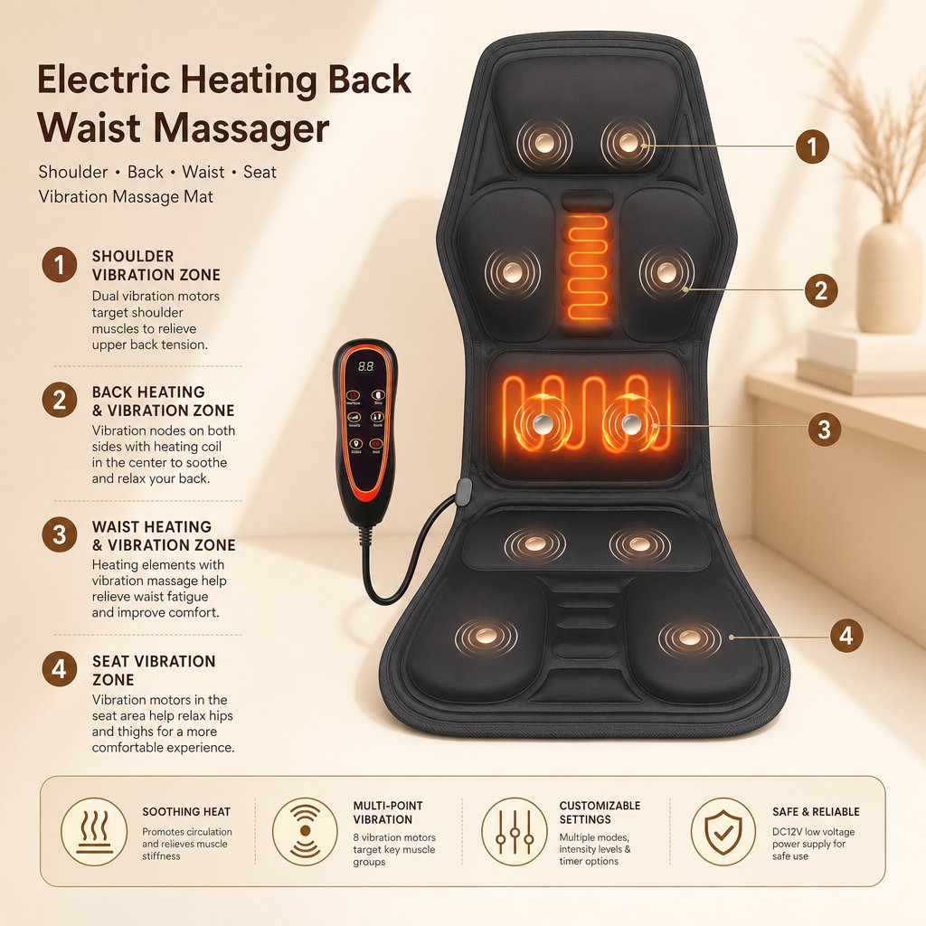 Shiatsu Seat Massager with Heat - Back Waist Shoulder Vibration Massage Mat Chair Sofa Car Office Lumbar Pain Relief