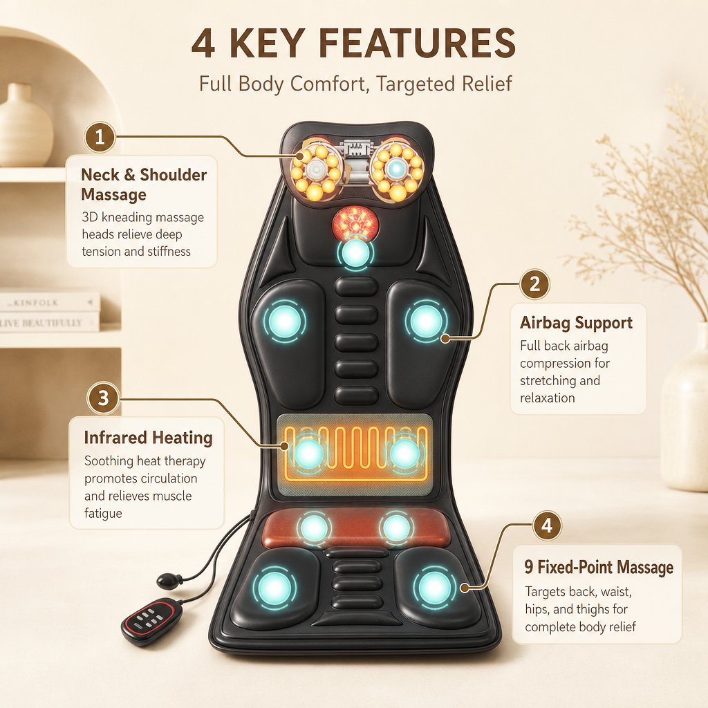 Shiatsu Seat Massager Heat Airbag Lumbar - Back Massage Chair Cushion Kneading Vibration Office Home Car Pain Relief