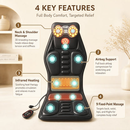 Shiatsu Seat Massager Heat Airbag Lumbar - Back Massage Chair Cushion Kneading Vibration Office Home Car Pain Relief