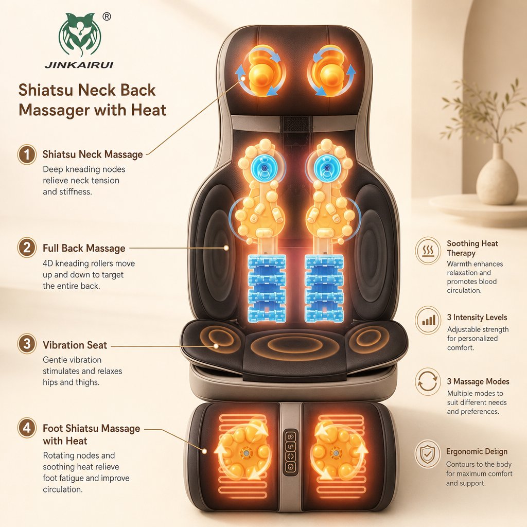 Shiatsu Neck Back Massager Chair Pad with Heat - 2D 3D Kneading Full Body Adjustable Seat Massager Lumbar Shoulder Relief