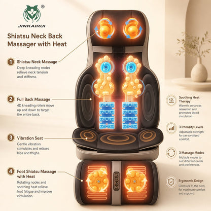 Shiatsu Neck Back Massager Chair Pad with Heat - 2D 3D Kneading Full Body Adjustable Seat Massager Lumbar Shoulder Relief
