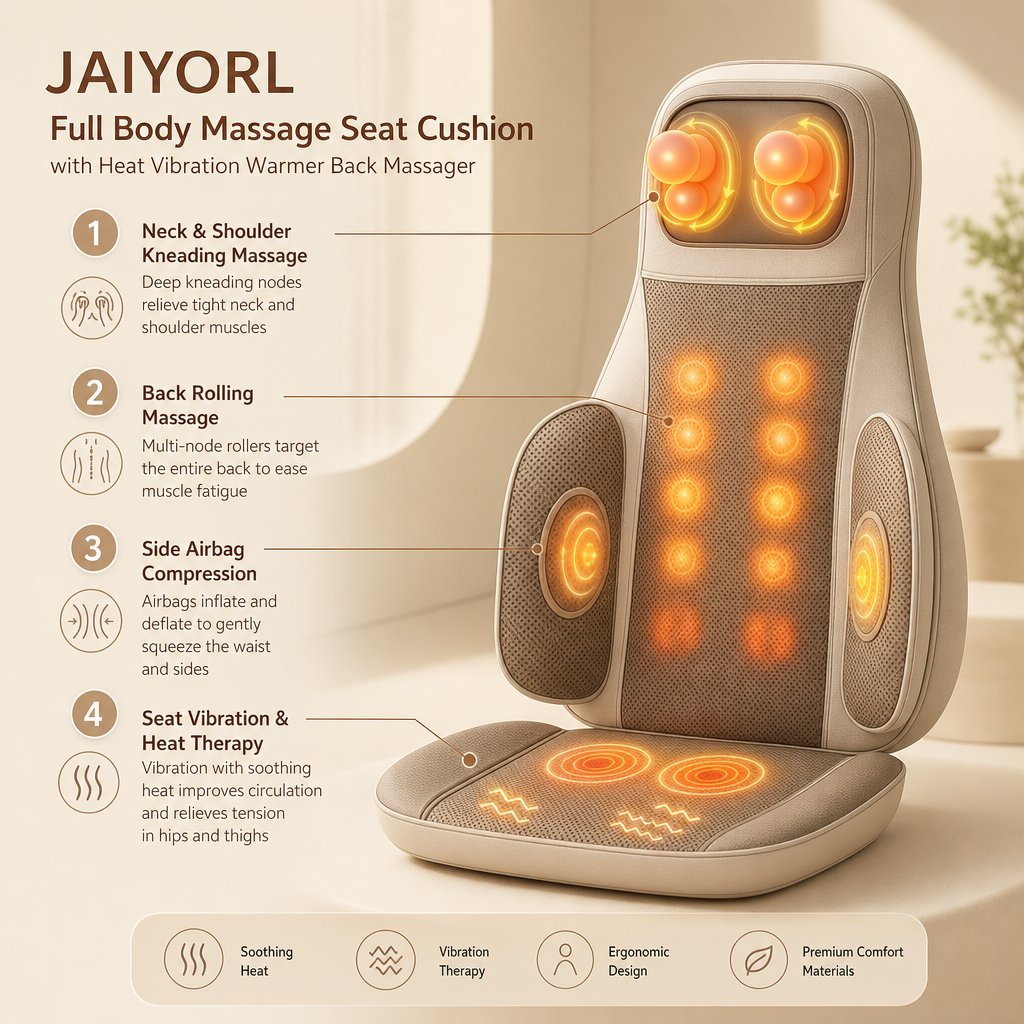 Full Body Massage Seat Cushion with Heat - Vibration Kneading Back Chair Pad Warmer Home Office Car Lumbar Pain Relief