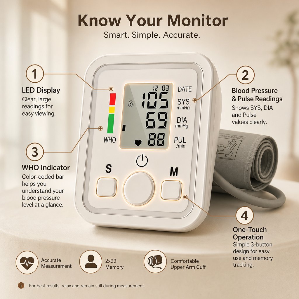 Blood Pressure Monitor Upper Arm Automatic - LED Display Digital BP Machine Home Use Heart Rate Monitor 2 User Memory