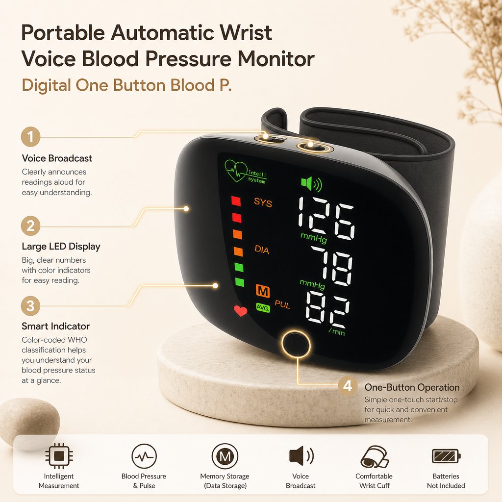 Wrist Blood Pressure Monitor Automatic Voice - Digital One-Touch BP Machine Heart Rate Home Use Portable Tonometer