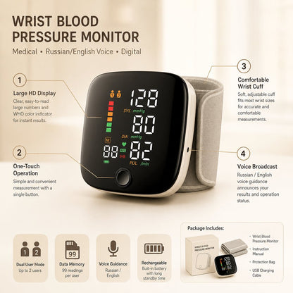 Wrist Blood Pressure Monitor Rechargeable - Digital Voice Sphygmomanometer Heart Rate Tensiometer Home Health Care