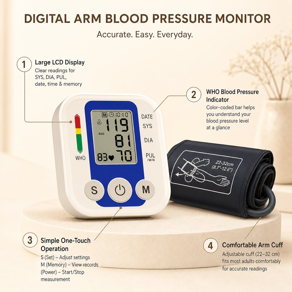 Blood Pressure Monitor Upper Arm Digital Automatic - BP Cuff Sensor Kit Heart Rate Pulse Meter Tonometer Home Health