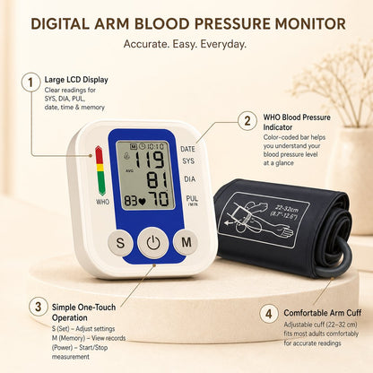 Blood Pressure Monitor Upper Arm Digital Automatic - BP Cuff Sensor Kit Heart Rate Pulse Meter Tonometer Home Health