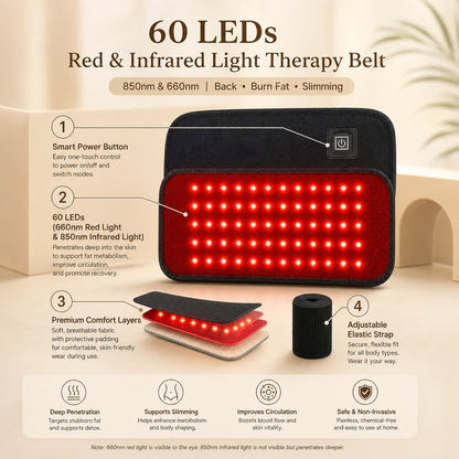Red Light Therapy Belt 60 LED - 850nm 660nm Infrared Wrap Back Pain Relief Fat Slimming Waist Muscle Recovery Body