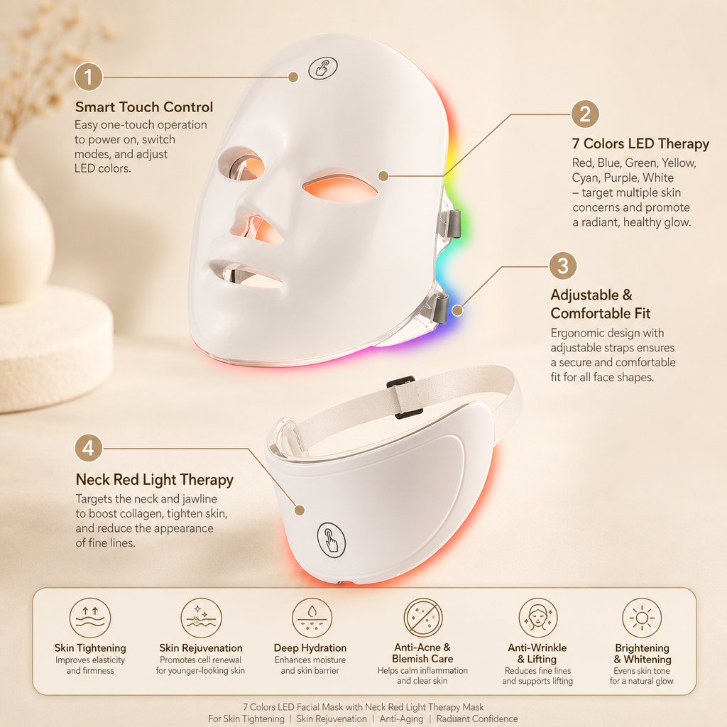 LED Red Light Therapy Face Mask 7 Color - Neck Anti-Aging Skin Tightening Lifting Whitening Bio Light Beauty Home Device