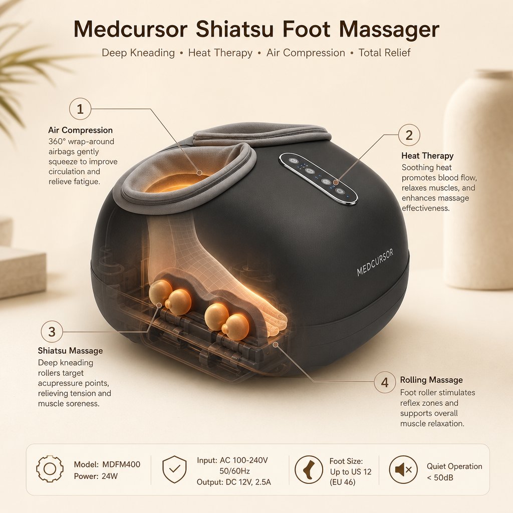 Electric Foot Massager Shiatsu - Heat Roller Muscle Relaxation Plantar Fasciitis Relief Kneading Reflexology Machine