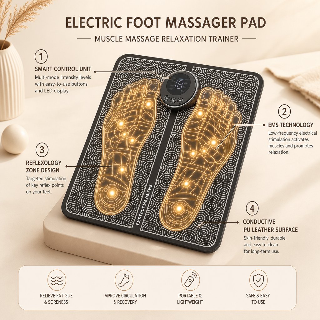 EMS Electric Foot Massager Pad - 6 Modes 9 Strength USB Rechargeable Muscle Stimulation Circulation Fatigue Relief
