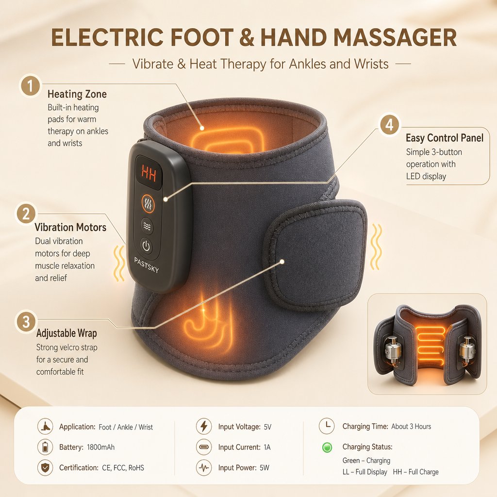 Electric Heated Ankle Wrist Massager - Vibration Heat Therapy Joint Relaxation Portable Rechargeable Left Right Limb