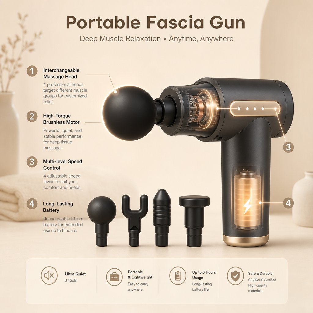 Portable Percussion Massage Gun Compact - Deep Tissue Body Neck Back Muscle Relaxation LED Touchscreen 4 Heads