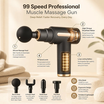Percussion Massage Gun Professional 99 Speed - Deep Tissue Neck Back Muscle LCD Touchscreen AI Smart Chip 4 Heads