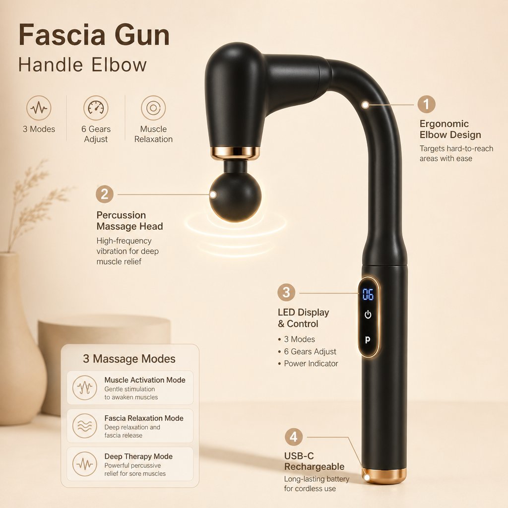 Percussion Massage Gun Elbow Handle - 3 Modes 6 Gear Deep Tissue Muscle Relaxation Athletes Recovery Percussion Hammer